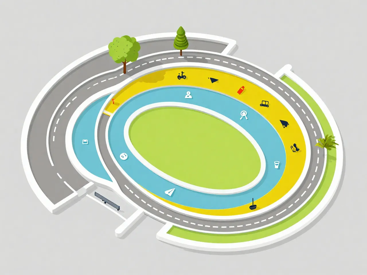 Layered curved pathways illustrating balanced activity options